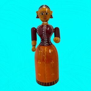 Hand Crafted Wooden Doll India Traditional Girl Toy Tella Poniki Wood 8” Tall